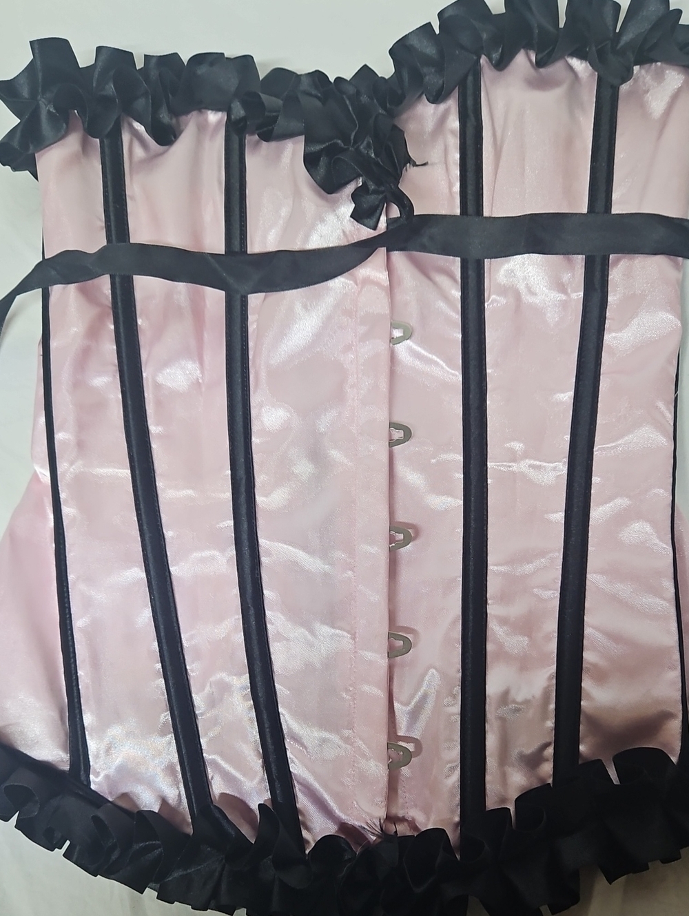 Shirley of Hollywood Pink Satin Corset with Black Trim